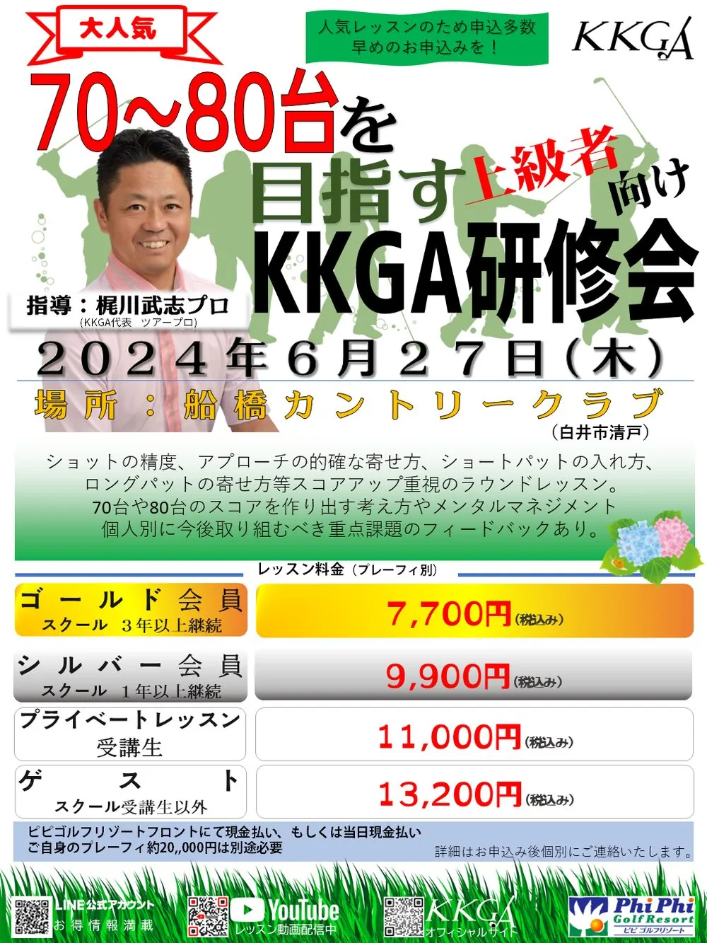 KKGA研修会のフライヤー。70〜80台を目指す上級者向けで、会員ランク別の料金表を掲載している。
